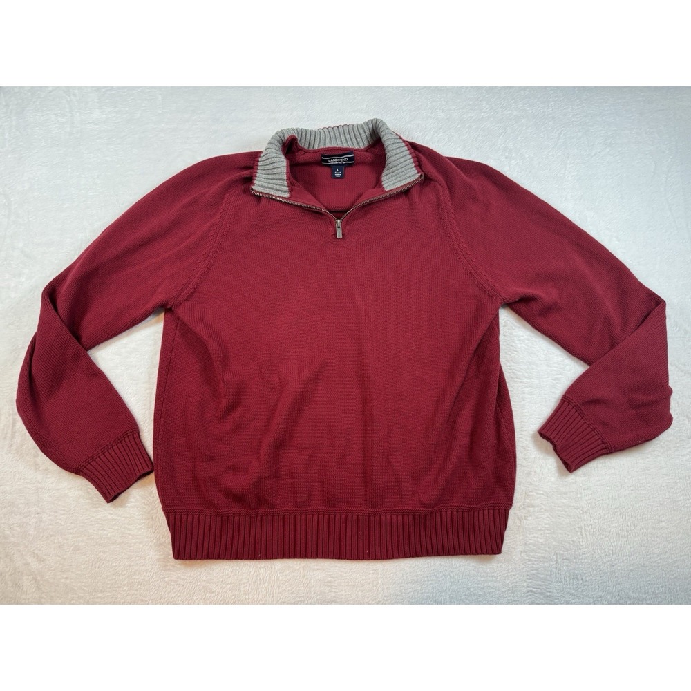 Lands End Drifter Mens Knit‎ Sweater Half Zip, Red, Size Large 100% Cotton